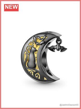 Sterling Silver Black Cat Moon Charm for Bracelet Necklace